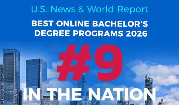 Banner with New York City Skyline and phrase "U.S. News & World Report" Best Online Bachelor's Programs 2026 #9 in the Nation and CUNY SPS logo