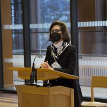 CUNY SPS Dean Lisa R. Braverman speaks at the podium at the Inaugural Dean's Reception