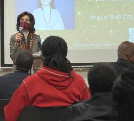 CUNY SPS Dean Lisa R. Braverman offering congratulations at the Black Graduation Ceremony