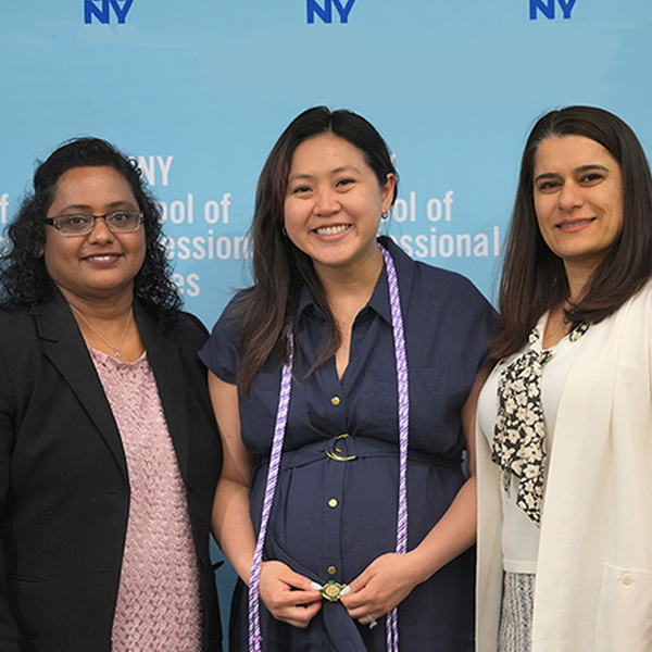 CUNY SPS Nursing Professors Dr. Lilly Mathew and Dr. Olga Kagan with Nursing student Waice Mui at the 2025 CUNY SPS nursing convocation