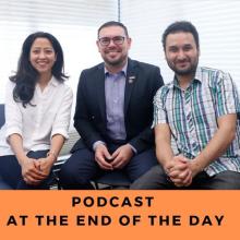 CUNY SPS student Dubbar sitting beside podcast interviewers on chairs