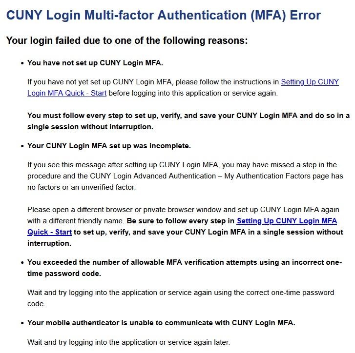CUNY Login Multi-factor Authentication (MFA) Error message