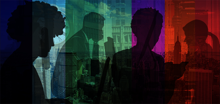 Colorful background of blues, greens, purple and red of a NYC skyline background and silouettes of 3 women with diverse hairstyles and 1 male in a business suit using a computer.