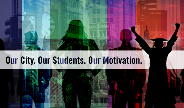 Silhouette of people in front of NYC landmarks.