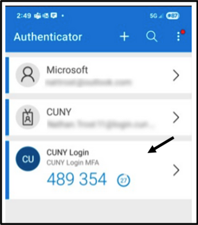 CUNY Login screenshot. Open the Microsoft Authenicator app on your mobile phone for the password code.