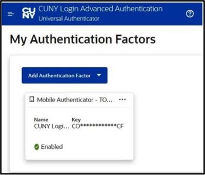 CUNY Login screenshot. Successfully added CUNY Login MFA.