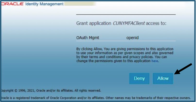 Screenshot. Select Allow if prompted by Oracle Identity Management.