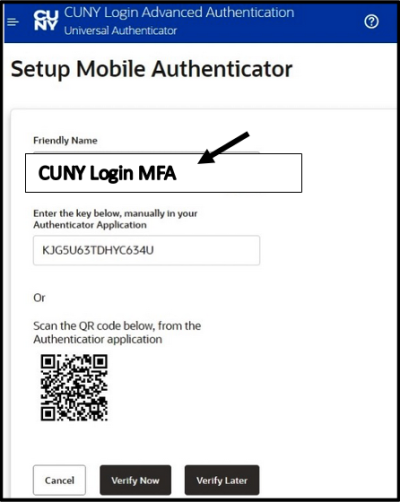 CUNY Login Screenshot. Enter a friendly name.