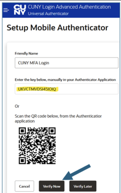 A screenshot of the "Setup Mobile Authenticator" selecting the "Verify Now" button.