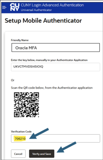 A screenshot of the "Setup Mobile Authenticator" entering the authentication code into the "Verification Code" field and selecting the "Verify and Save" button.