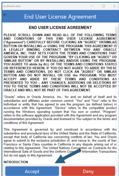 A screen shot of the "End User License Agreement" selecting the "Accept" button.