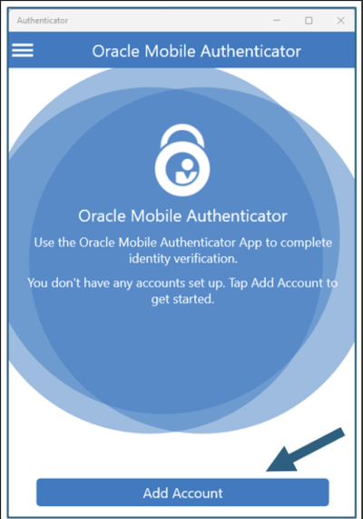 A screen shot of the "Oracle Mobile Authenticator" application selecting the "Add Account" button.