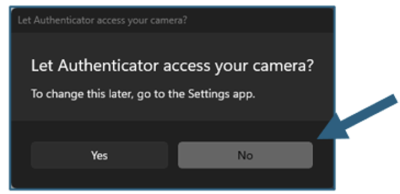 A screenshot of the "Let Authenticator Access your Camera?" website selecting "No".
