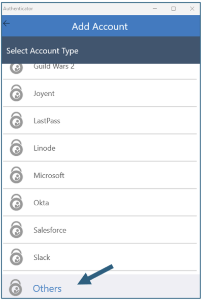 A screenshot of the "Authenticator" popup selecting the "Other" option.