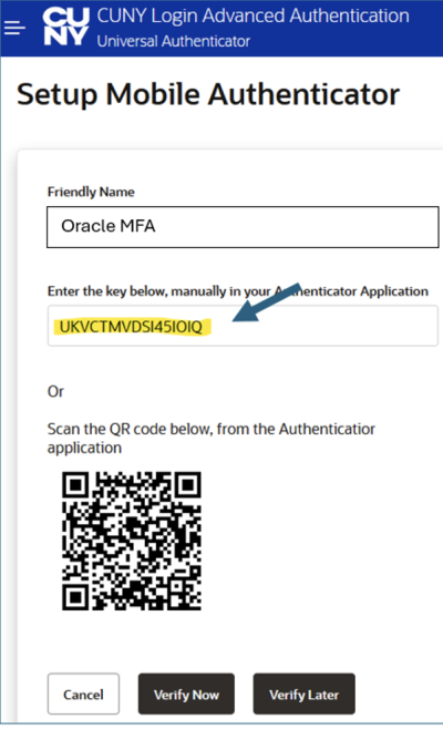 A screenshot of the "Setup Mobile Authenticator" copying the code \key (text) from the "Enter the key below, manually in your Authenticator Application" field.