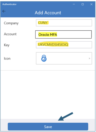 A screenshot of the "Add Account" page adding the code\key text into the "Key" field and selecting the "Save" option.