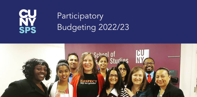 CUNY SPS team members posing in front of CUNY SPS wall